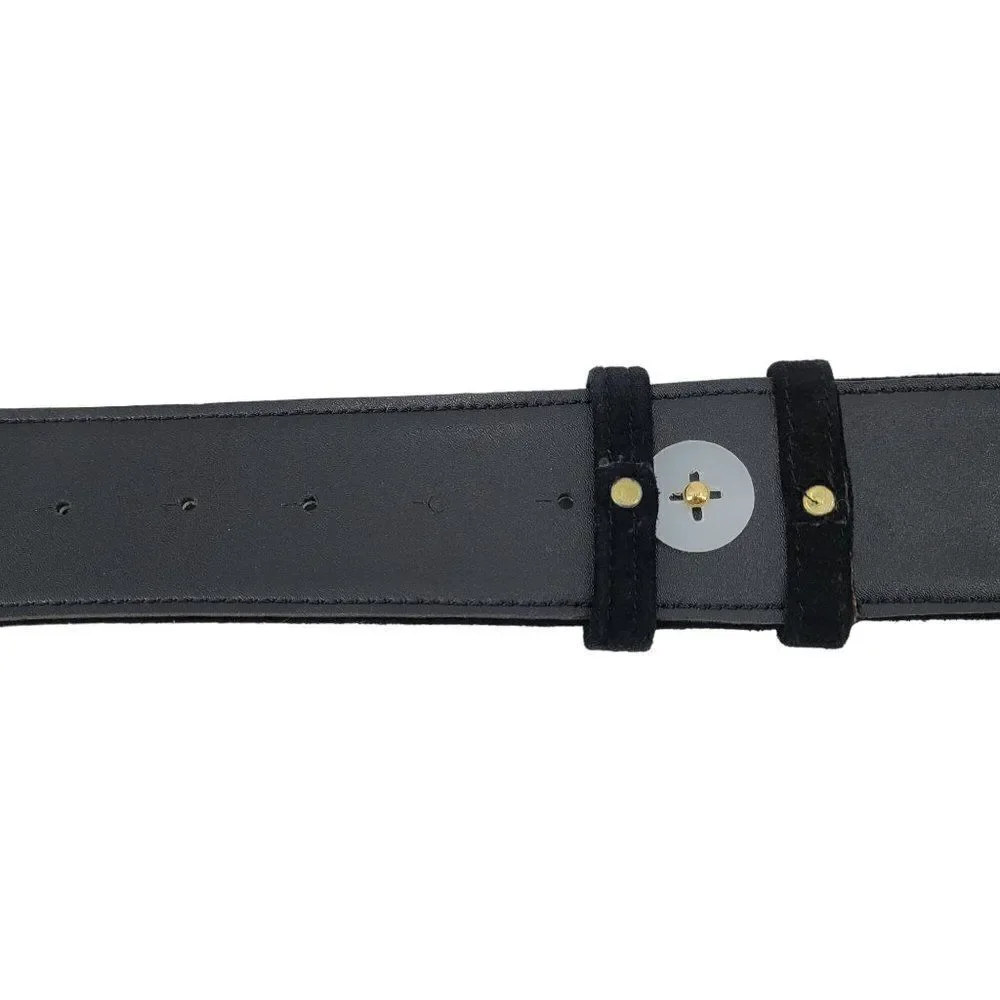Vintage 80's Wide V Belt Black‎ Suede Ornate Gold Etched Hook Buckle Art to Wear